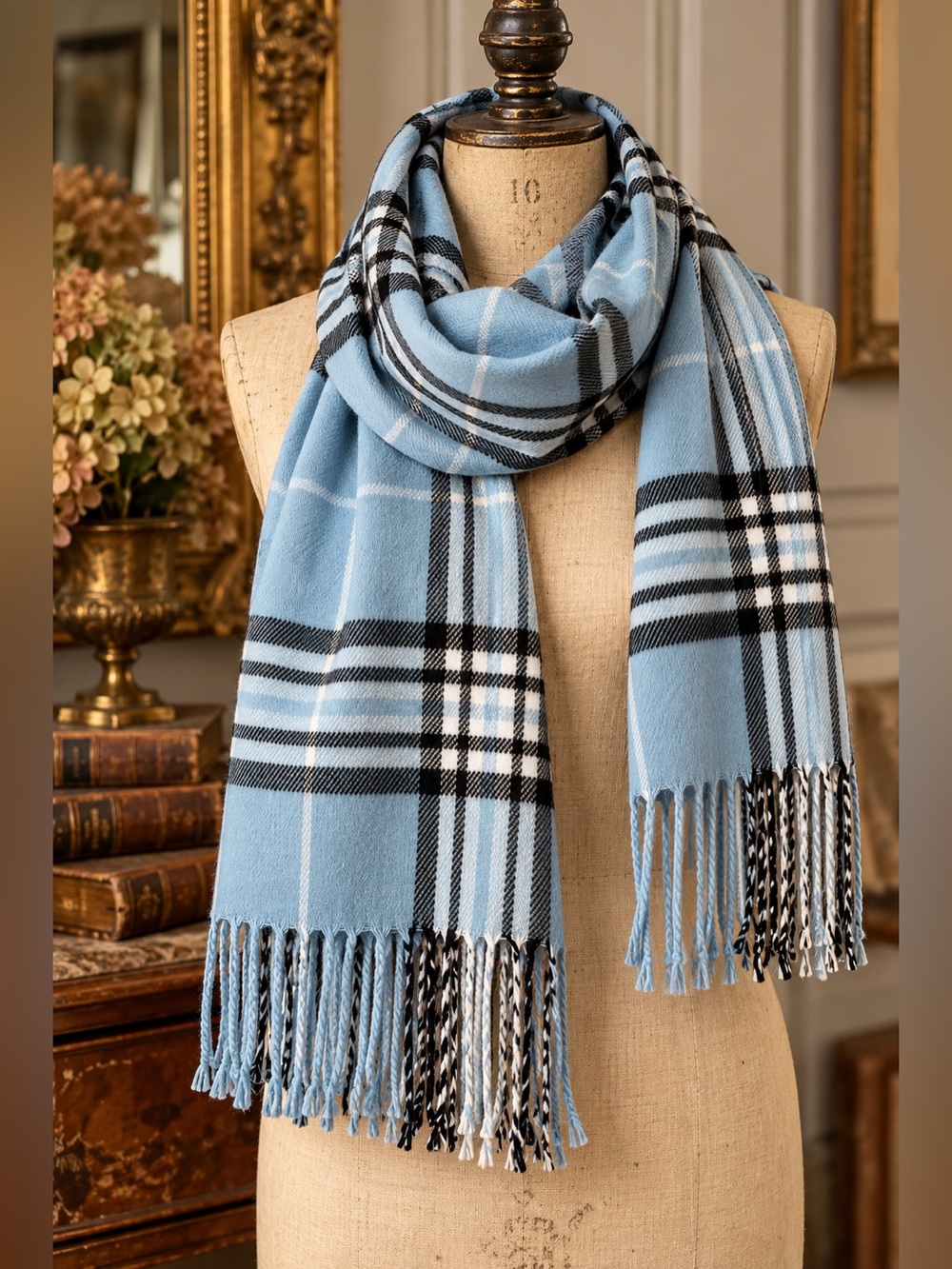 Made in Scotland 100% Cashmere Plaid Scarf Blue Black White Fringe 74”